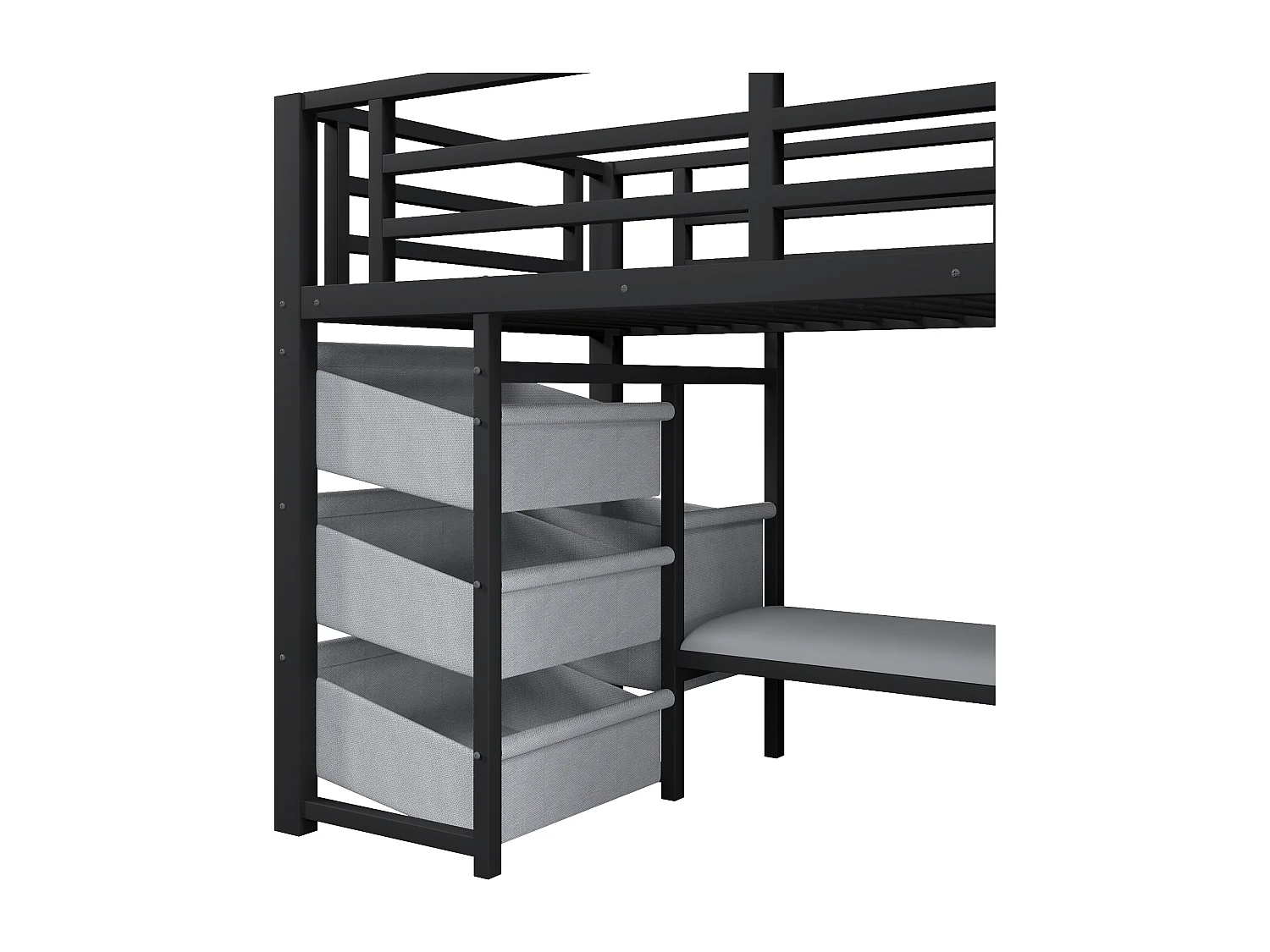 Lit mezzanine 90x200cm avec LED coussin tiroirs et sac de rangement matériau métallique en noir (sans matelas)