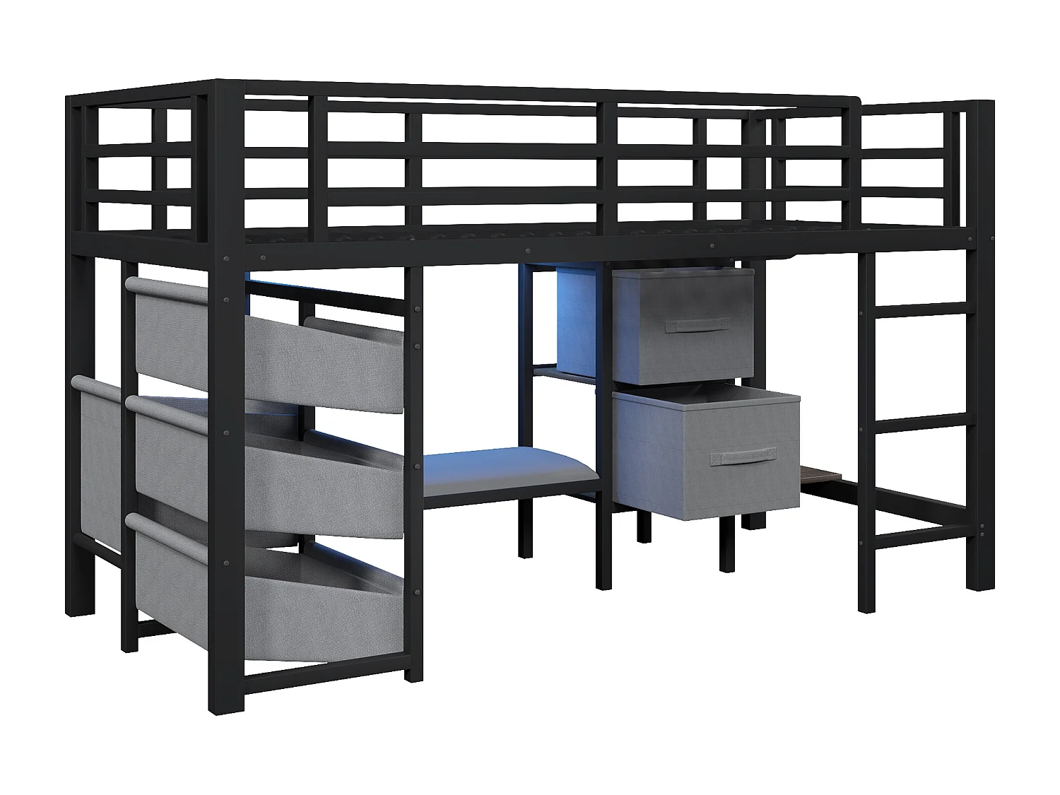 Lit enfants 90x200 cm avec coussin d assise, éclairage LED multicolore, rangement en tissu, métal, noir (Sans matelas)