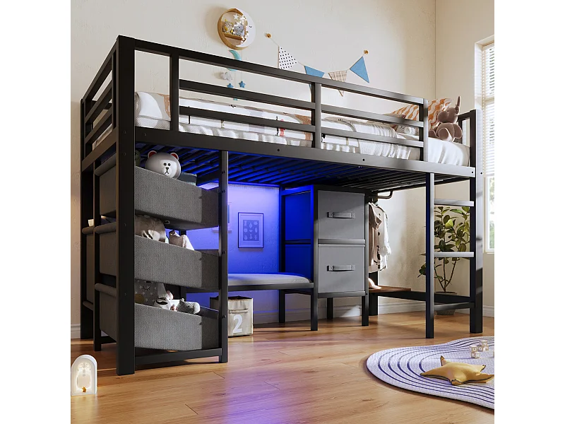 Lit mezzanine 90x200cm avec LED coussin tiroirs et sac de rangement matériau métallique en noir (sans matelas)