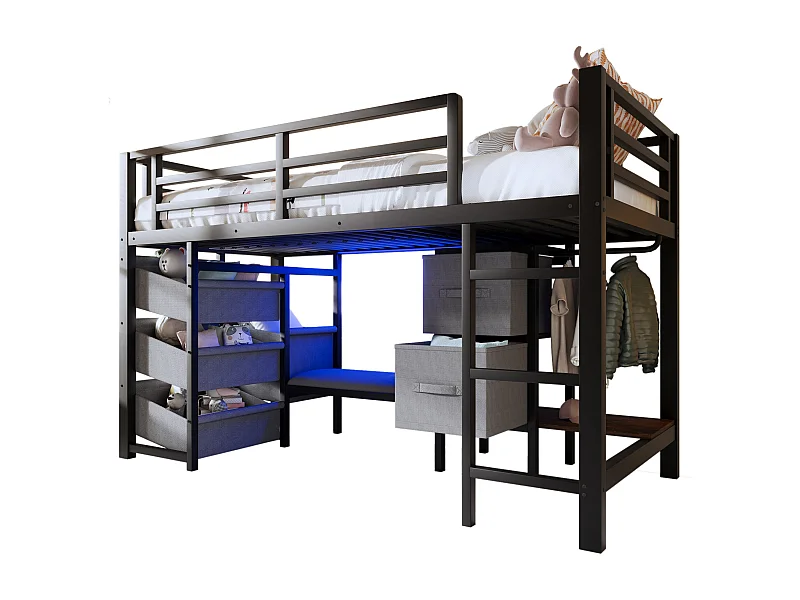 Lit enfants 90x200 cm avec coussin d assise, éclairage LED multicolore, rangement en tissu, métal, noir (Sans matelas)