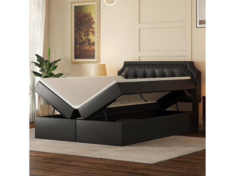 Lit coffre adulte 140x200 cm avec sommier - tête de lit capitonnée - similicuir - noir (sans matelas)