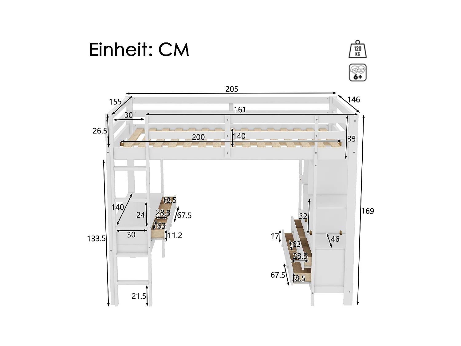 Lit mezzanine 140x200 cm avec sommier - protection anti-chute bureau et 6 tiroirs - bois - blanc (sans matelas)