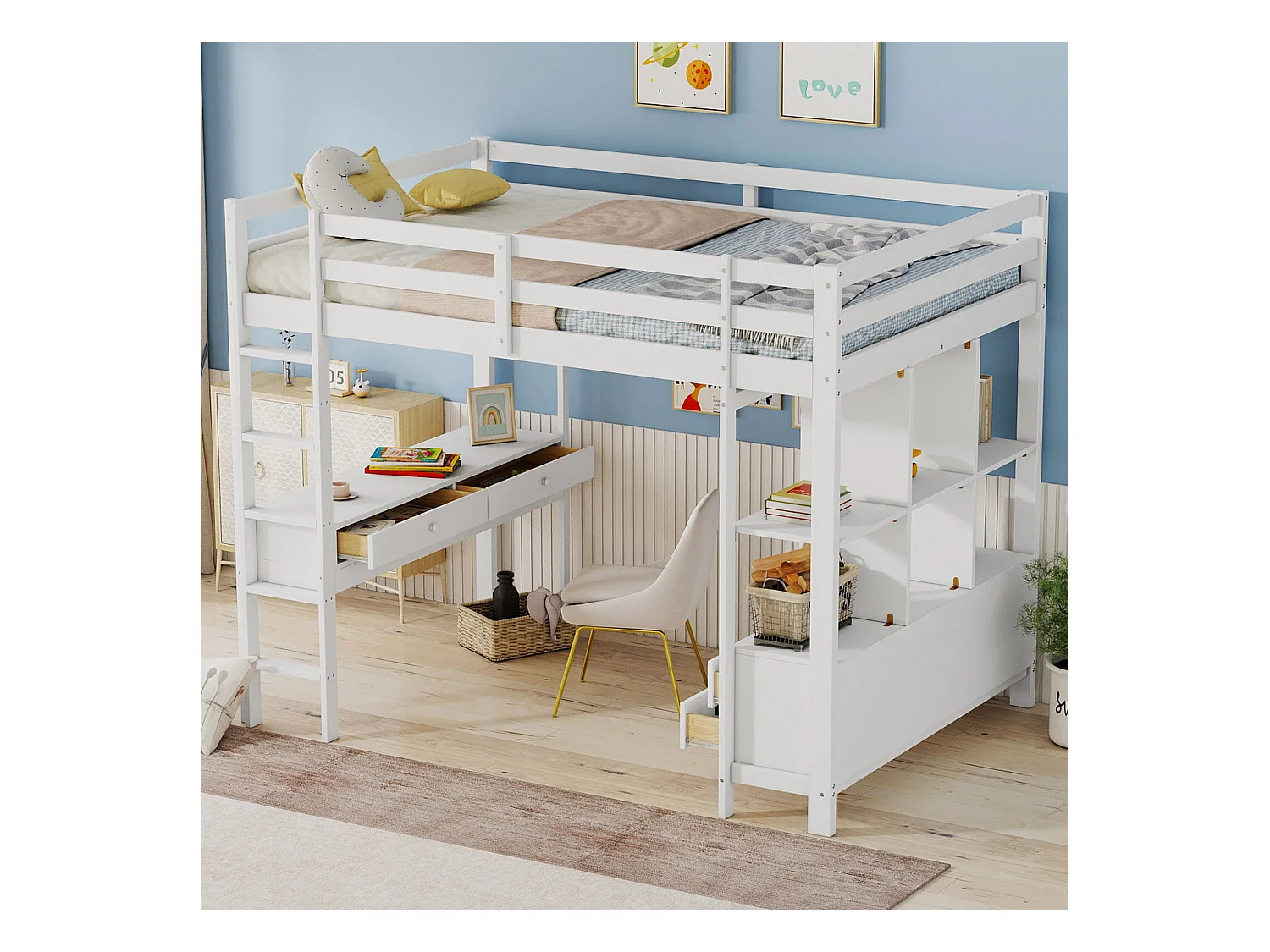 Lit mezzanine adulte 140x200cm avec sommier - protection anti-chute bureau et 6 tiroirs - bois - blanc (sans matelas)