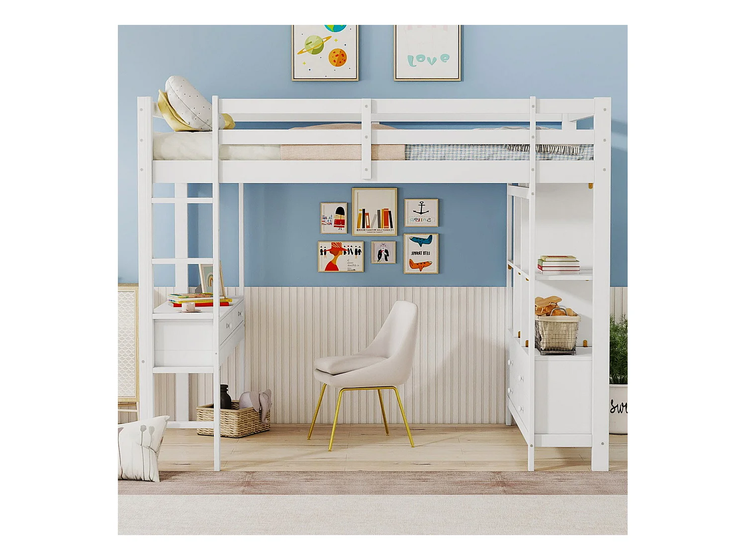 Lit mezzanine adulte 140x200cm avec sommier - protection anti-chute bureau et 6 tiroirs - bois - blanc (sans matelas)