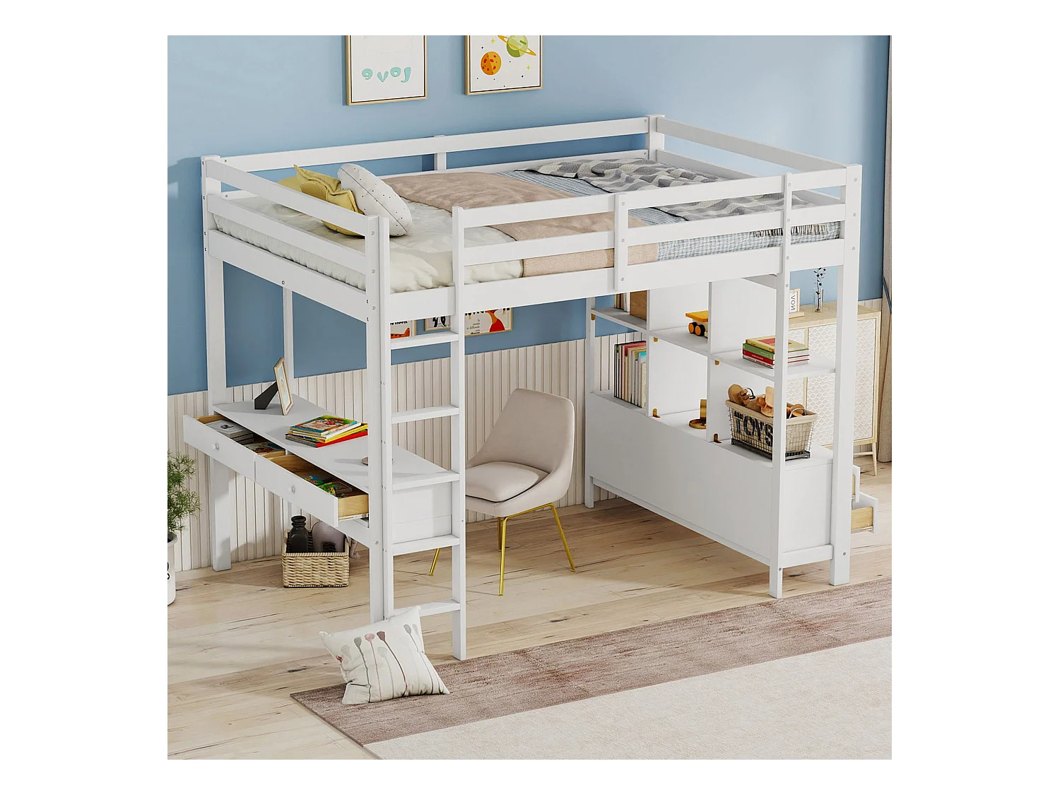 Lit mezzanine adulte 140x200cm avec sommier - protection anti-chute bureau et 6 tiroirs - bois - blanc (sans matelas)