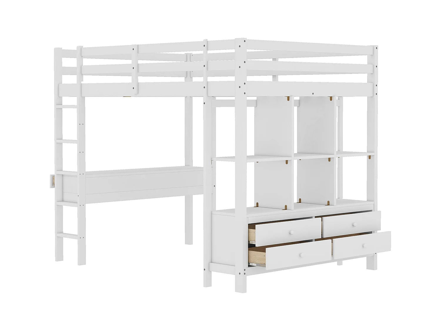 Lit mezzanine adulte 140x200cm avec sommier - protection anti-chute bureau et 6 tiroirs - bois - blanc (sans matelas)