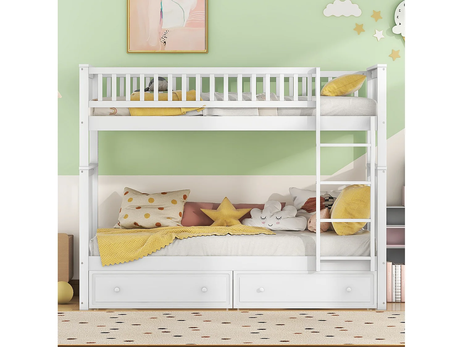 Lit superposé 90x200 cm avec 2 tiroirs - protection anti-chute et éhelle - bois - blanc (sans matelas)