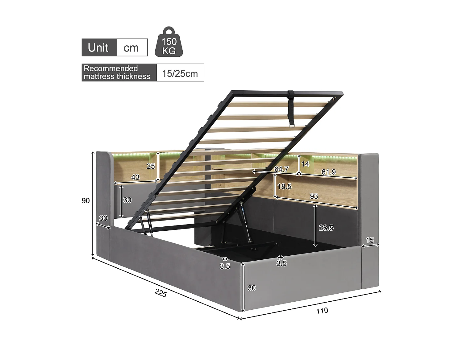 Lit coffre 90x200cm avec LED fonction de chargement USB-C tissu de velours en gris pour adultes et enfants (sans matelas)