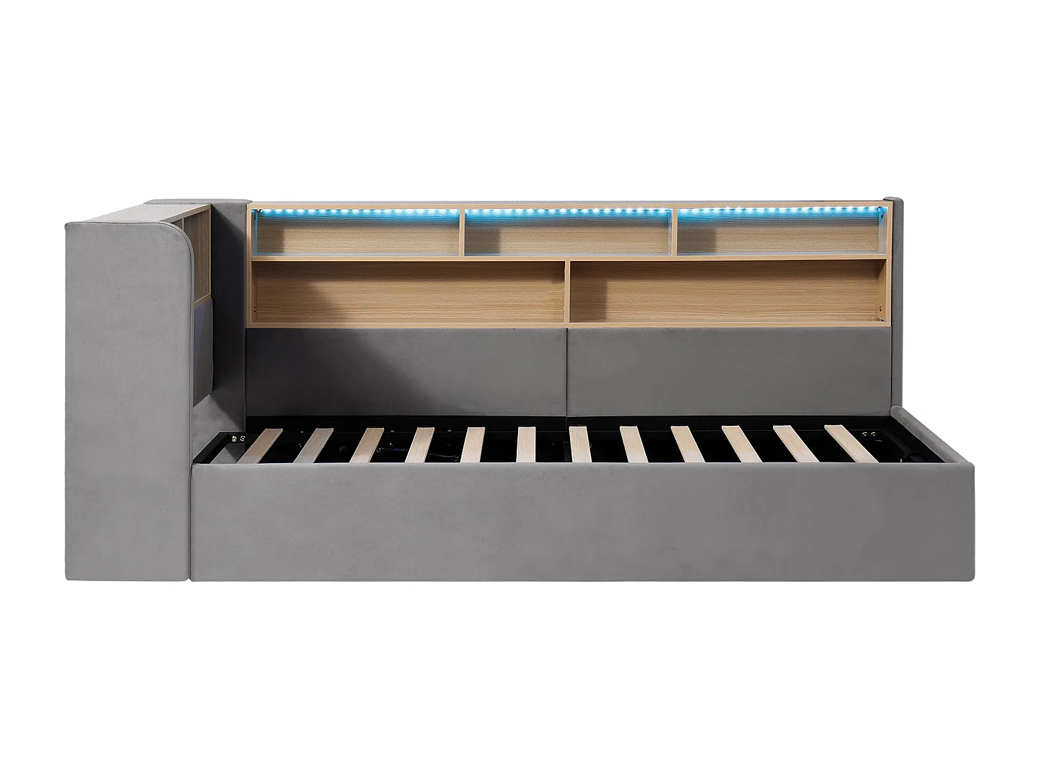 Lit coffre 90x200cm avec LED fonction de chargement USB-C tissu de velours en gris pour adultes et enfants (sans matelas)