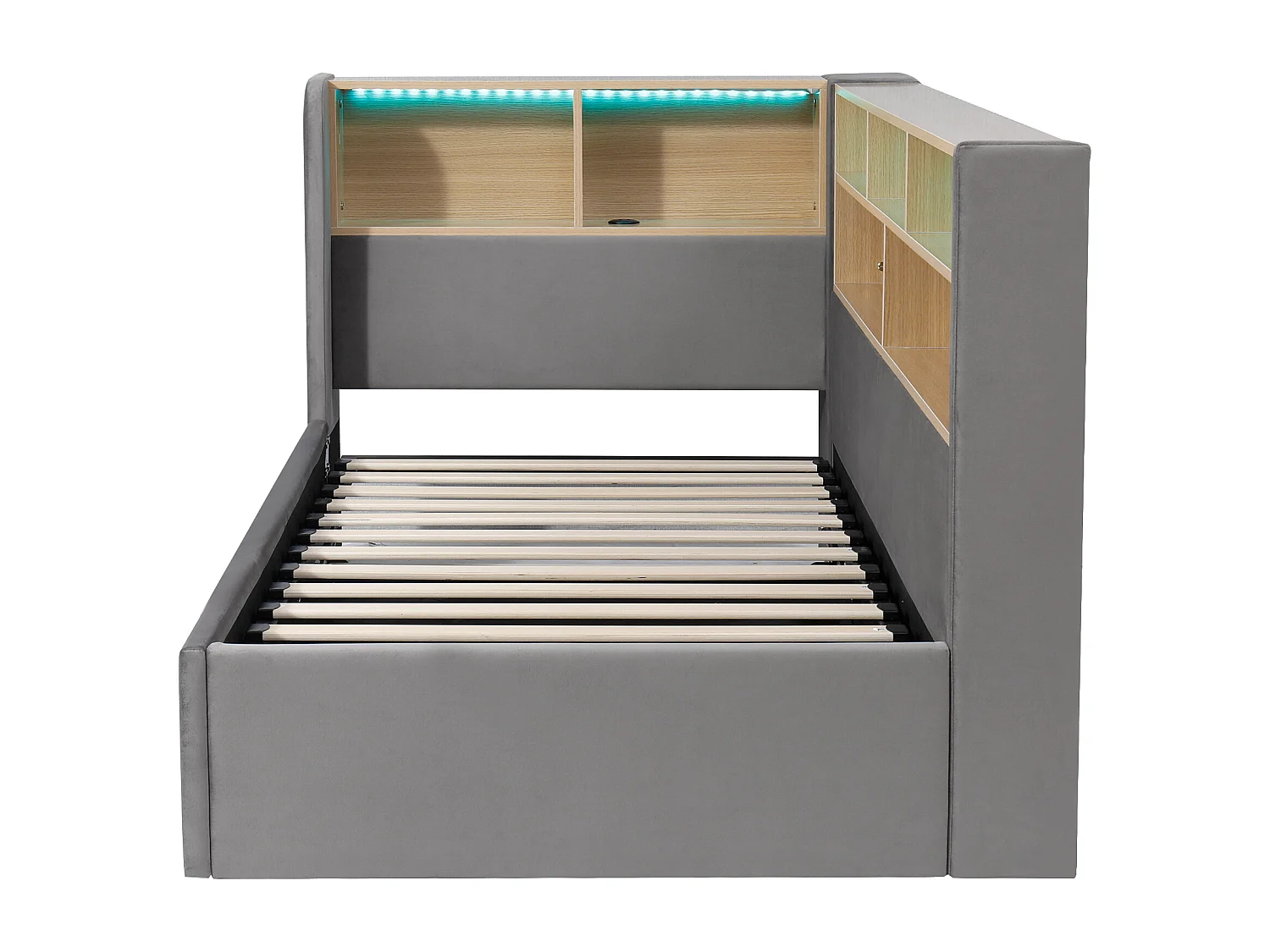 Volwassen opbergbed 140x200 cm met lattenbodem - in hoogte verstelbaar hoofdeinde en LED - fluweel - grijs (zonder matras)