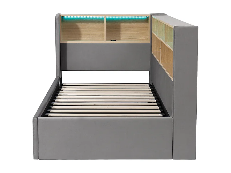 Letto contenitore per adulti 140x200 cm con rete a doghe - testiera regolabile in altezza e LED - velluto - grigio (senza materasso)