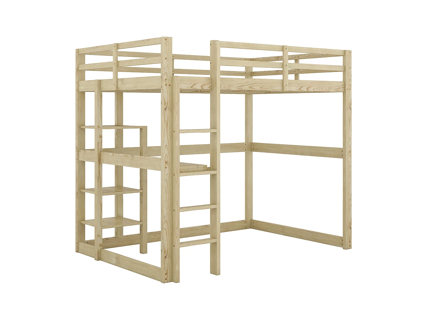 Lit mezzanine adulte 140x200cm avec sommier - protection anti-chute bureau et rangement - bois - naturel clair (sans matelas)