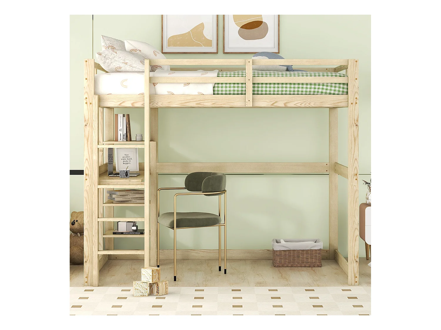 Lit mezzanine adulte 140x200cm avec sommier - protection anti-chute bureau et rangement - bois - naturel clair (sans matelas)