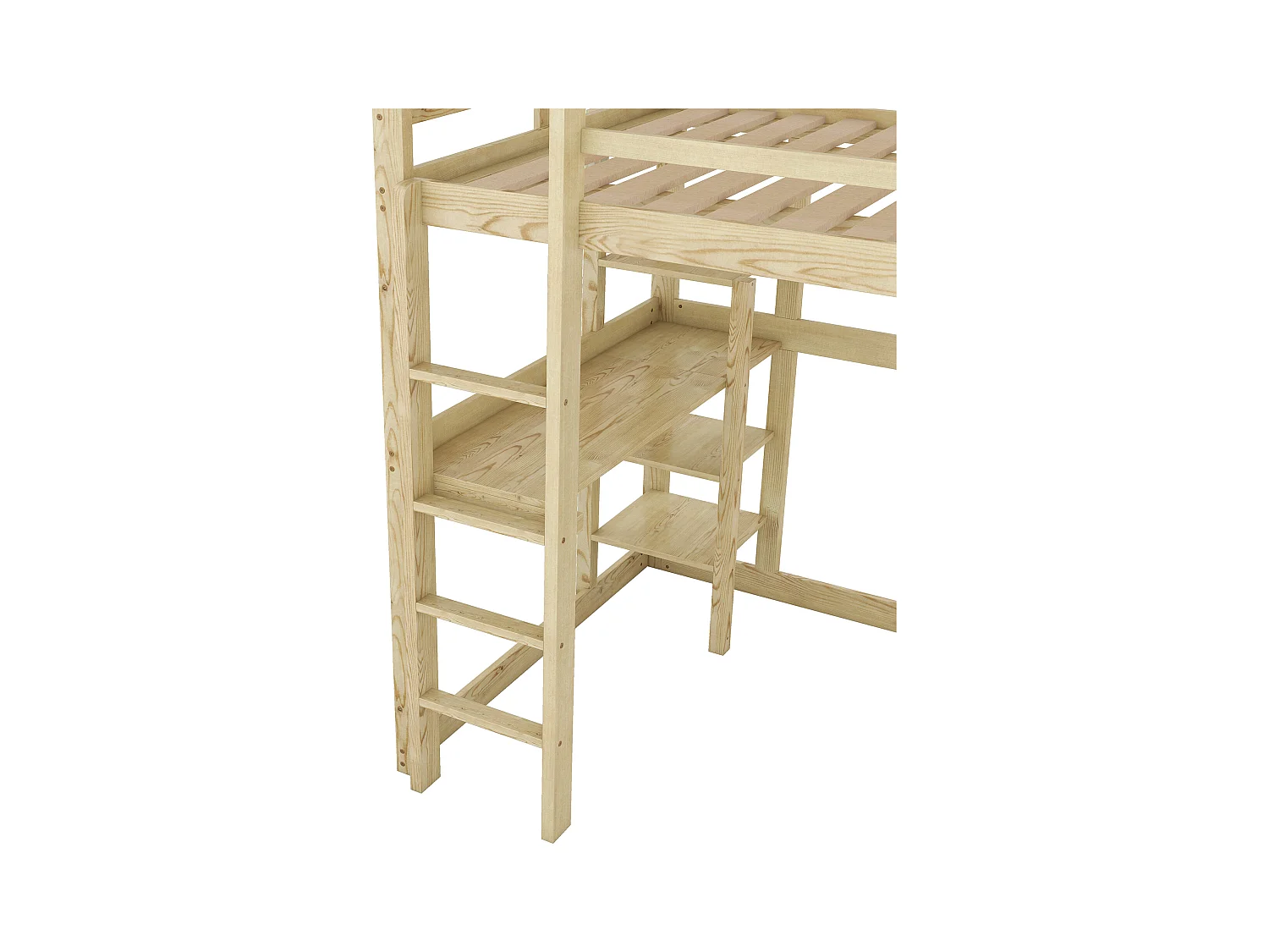 Lit mezzanine adulte 140x200cm avec sommier - protection anti-chute bureau et rangement - bois - naturel clair (sans matelas)