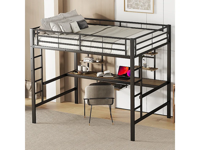 Lit mezzanine 140x200 cm avec sommier - protection anti-chute bureau et 2 étagères - métal - noir (sans matelas)