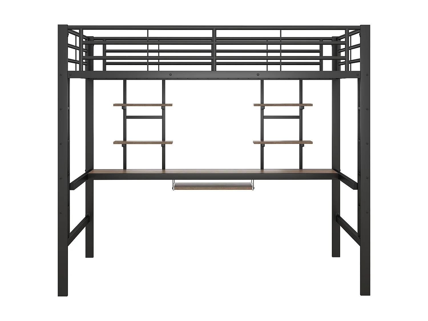 Lit mezzanine 140x200 cm avec sommier - protection anti-chute bureau et 2 étagères - métal - noir (sans matelas)