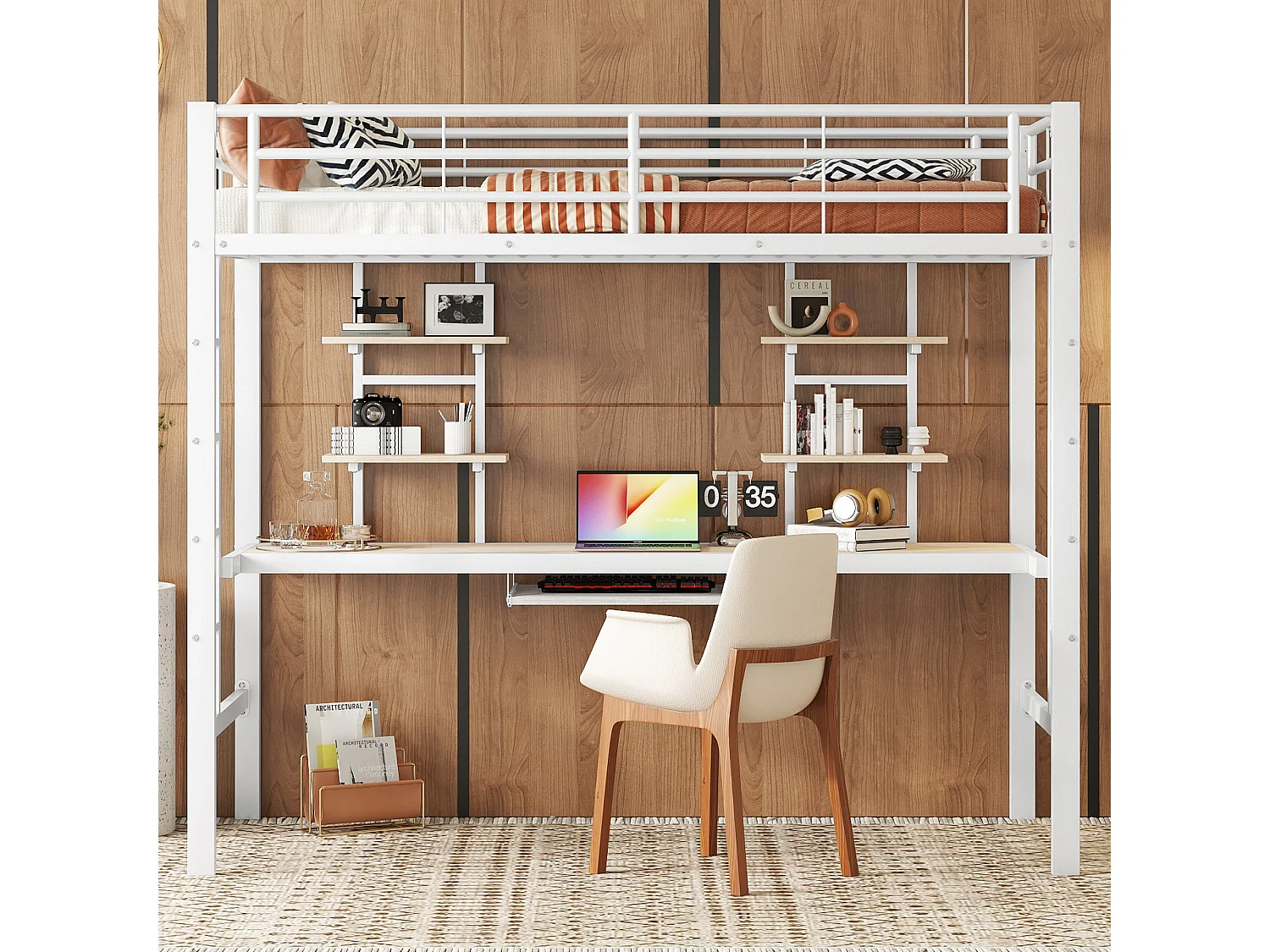 Volwassen mezzaninebed 140x200cm met lattenbodem - antivalbeveiliging bureau en 2 legplanken - metaal - zwart (zonder matras)