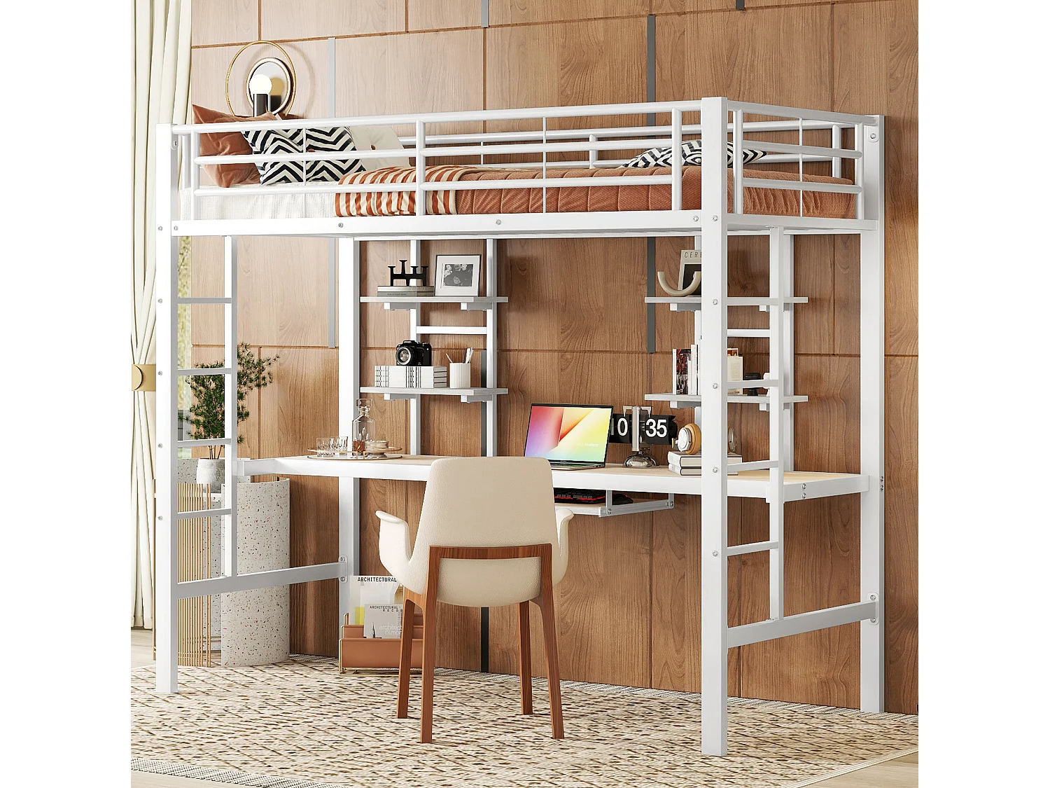 Volwassen mezzaninebed 140x200cm met lattenbodem - antivalbeveiliging bureau en 2 legplanken - metaal - zwart (zonder matras)