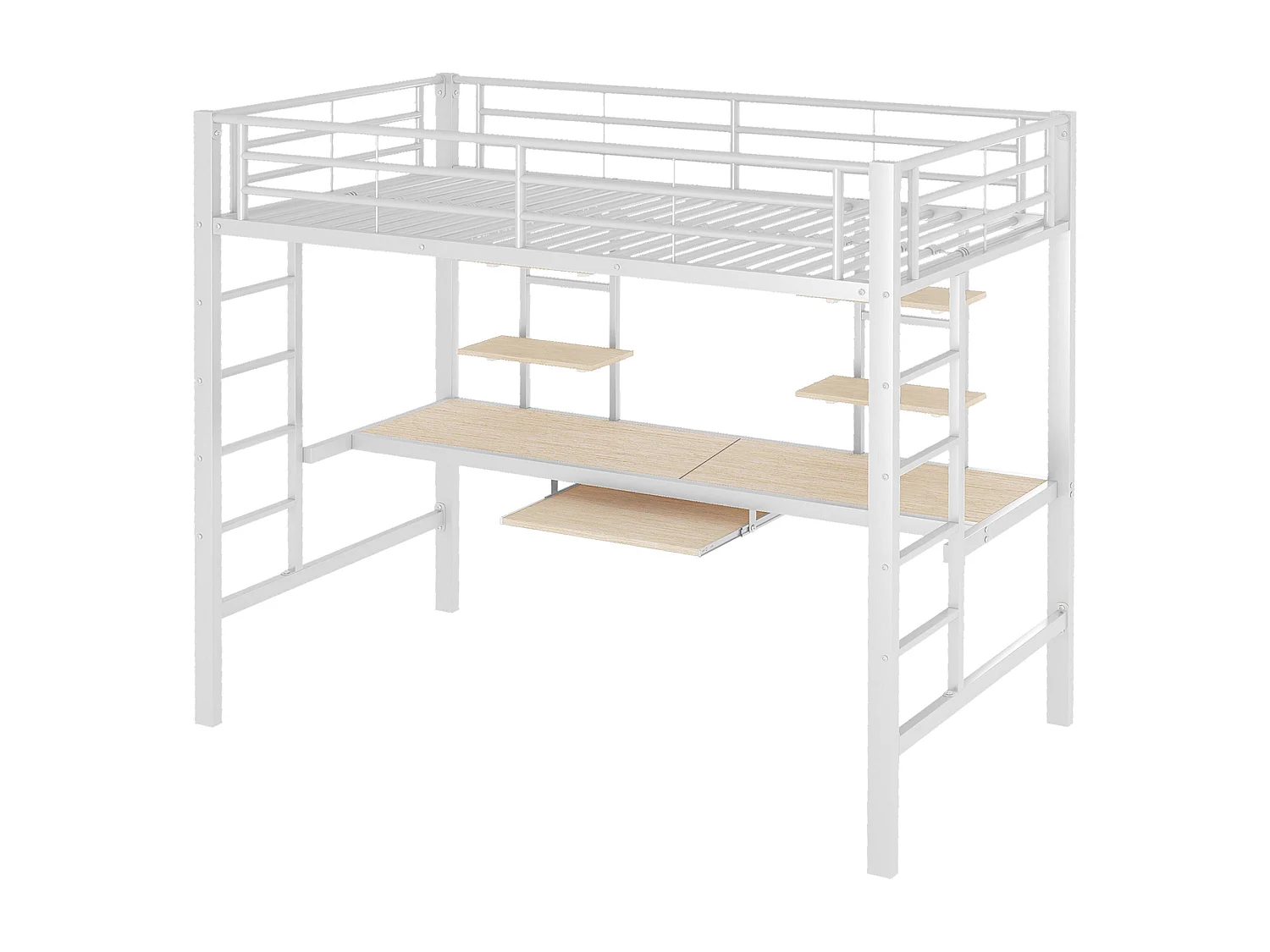 Lit mezzanine 90x200 cm avec bureau 2 étagères, en métal et MDF, blanc (Sans matelas)