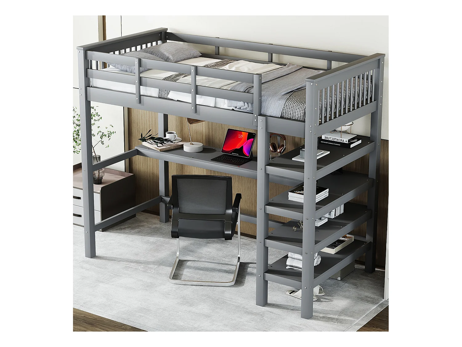 Lit mezzanine enfant 90x200cm avec sommier - protection anti-chute bureau et rangement - bois - gris (sans matelas)