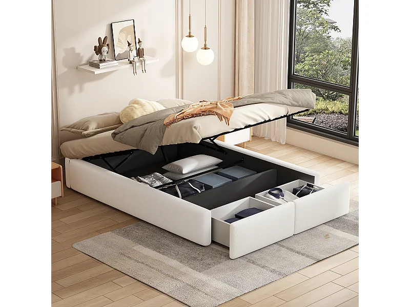 Lit coffre adulte 140x200 cm avec sommier - 2 tiroirs de rangement - lin - blanc (sans tête de lit ni matelas)