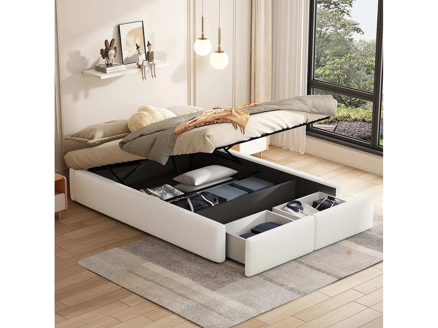 Lit coffre adulte 140x200 cm avec sommier - 2 tiroirs de rangement - lin - blanc (sans tête de lit ni matelas)