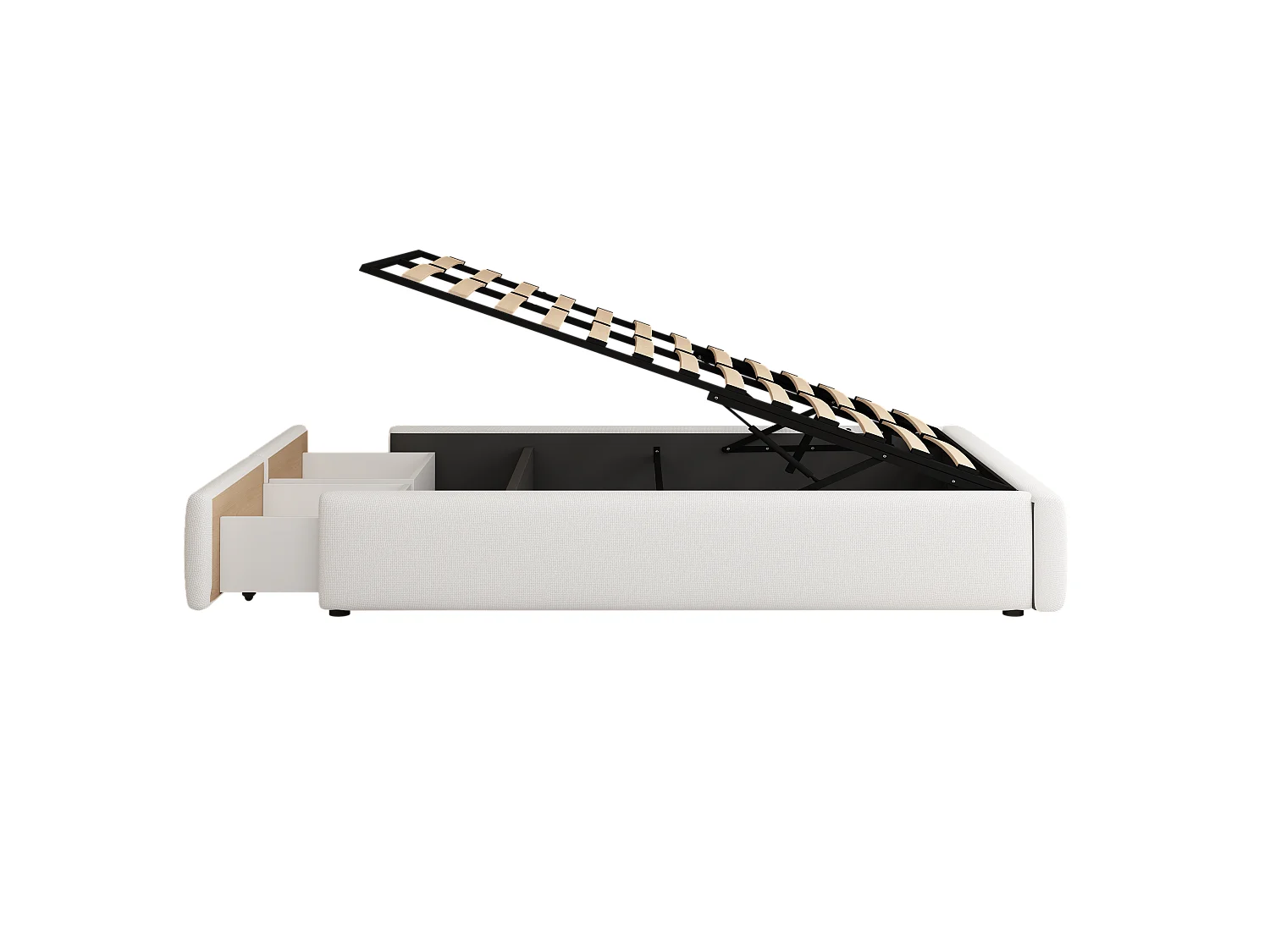 Lit coffre adulte 140x200 cm avec sommier - 2 tiroirs de rangement - lin - blanc (sans tête de lit ni matelas)