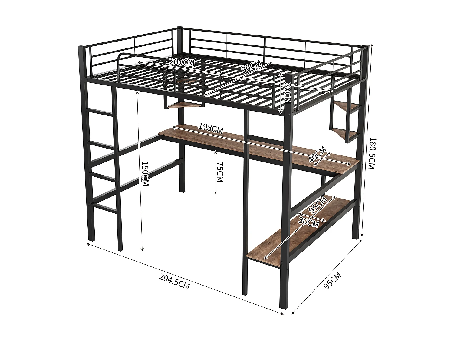 Lit mezzanine 90x200 cm avec sommier - protection anti-chute bureau et rangements - métal - noir (sans matelas)