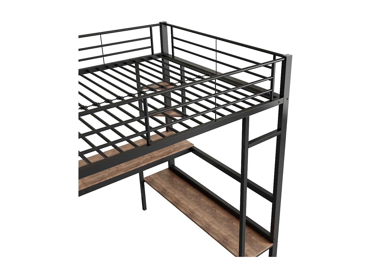 Lit mezzanine 90x200 cm avec sommier - protection anti-chute bureau et rangements - métal - noir (sans matelas)
