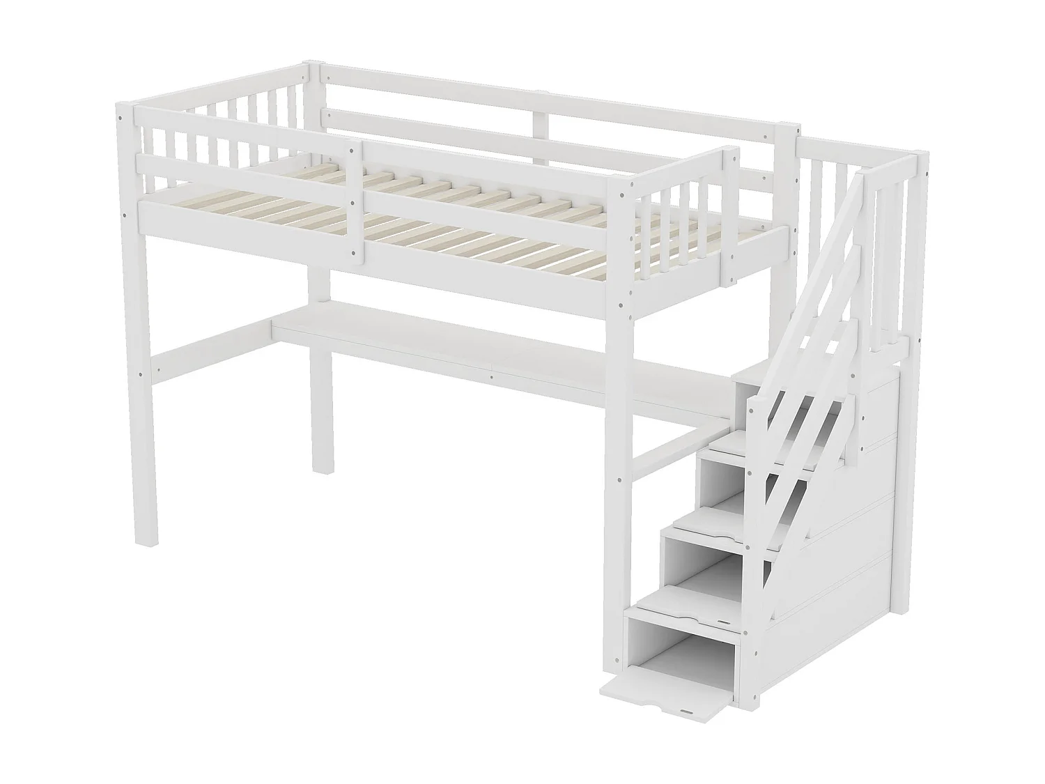 Letto a soppalco per bambini 90x200cm con base - protezione anticaduta, scrivania e contenitore - legno - bianco (senza materasso)