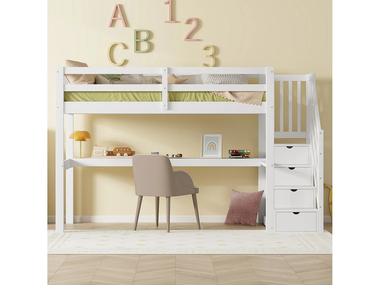 Letto a soppalco per bambini 90x200cm con base - protezione anticaduta, scrivania e contenitore - legno - bianco (senza materasso)