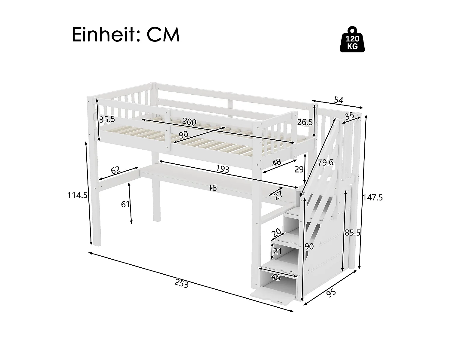 Letto a soppalco per bambini 90x200cm con base - protezione anticaduta, scrivania e contenitore - legno - bianco (senza materasso)