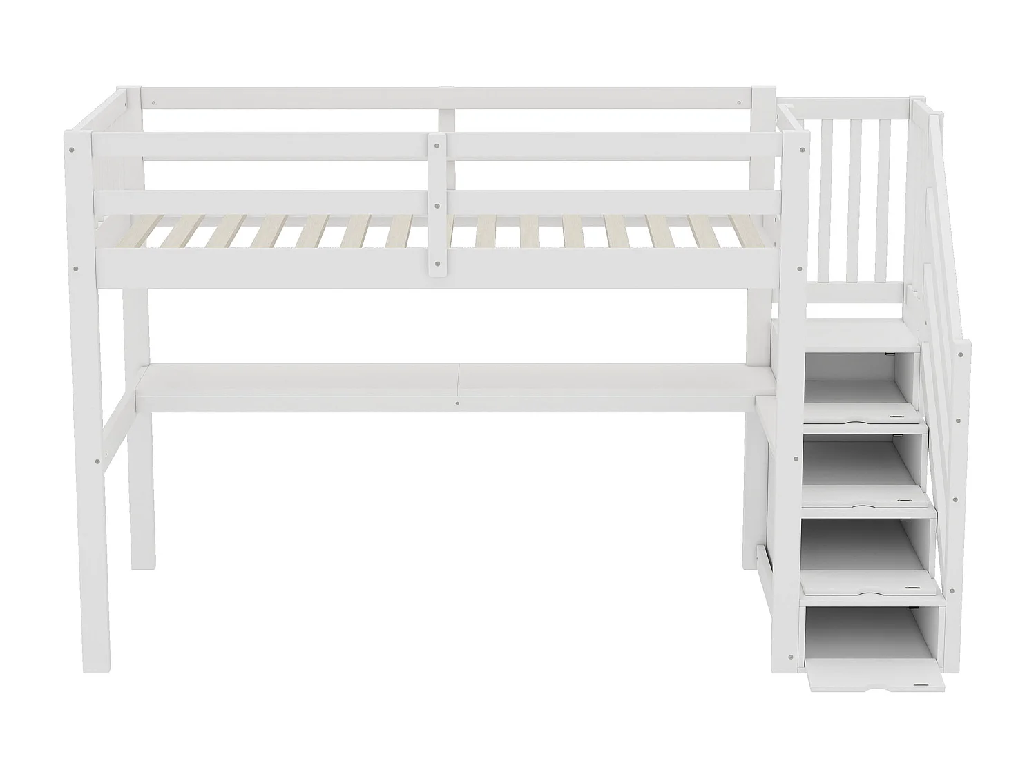 Letto a soppalco per bambini 90x200cm con base - protezione anticaduta, scrivania e contenitore - legno - bianco (senza materasso)