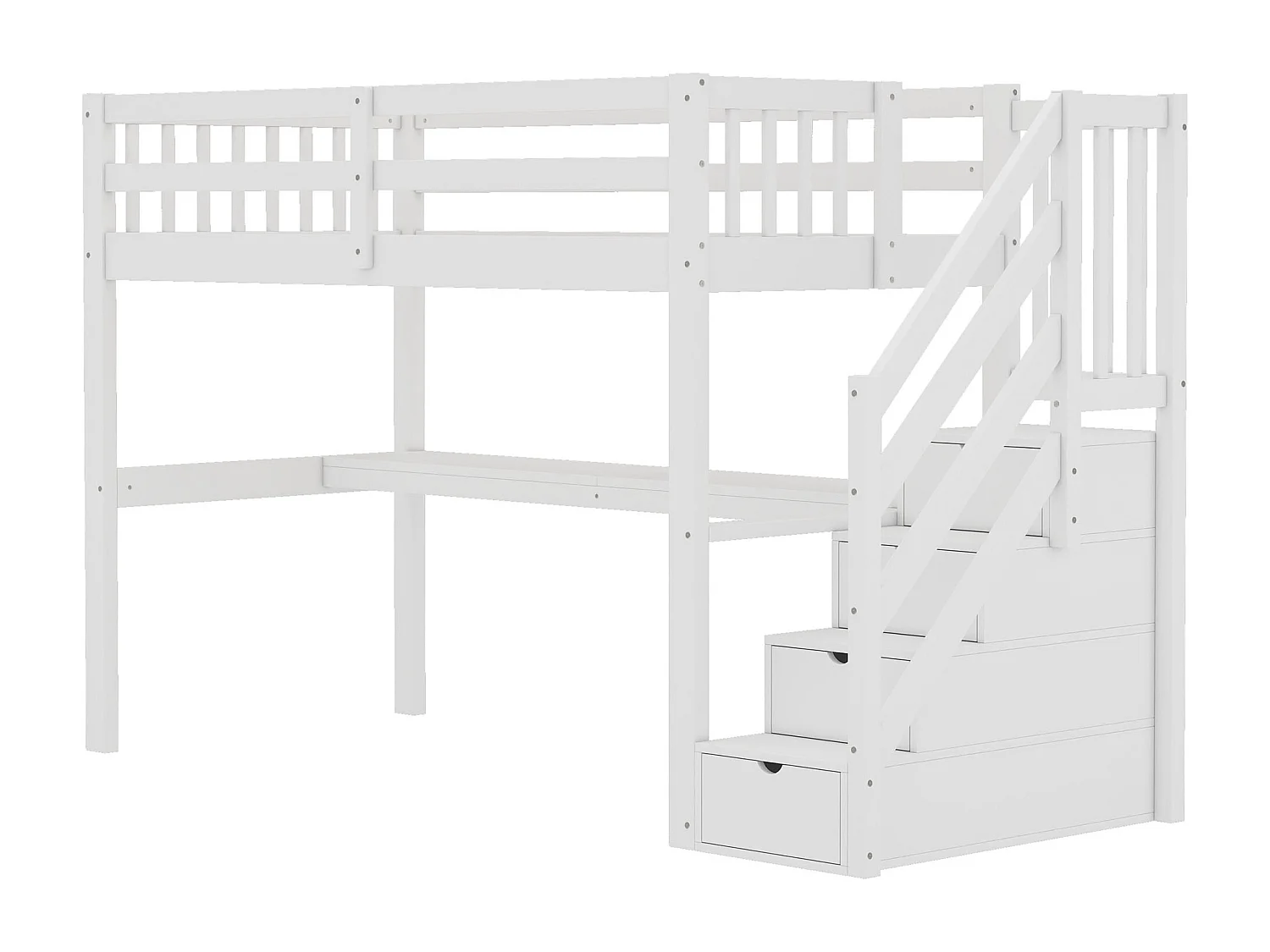 Letto a soppalco per bambini 90x200cm con base - protezione anticaduta, scrivania e contenitore - legno - bianco (senza materasso)