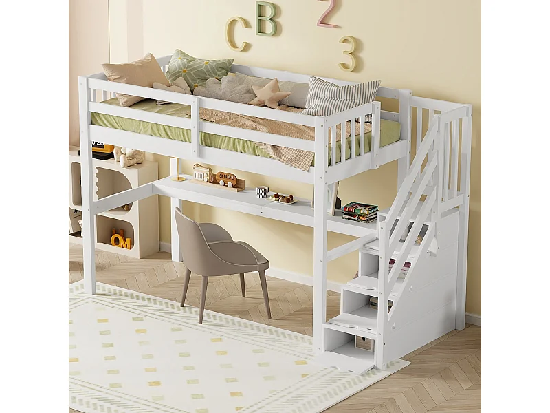 Letto a soppalco per bambini 90x200cm con base - protezione anticaduta, scrivania e contenitore - legno - bianco (senza materasso)