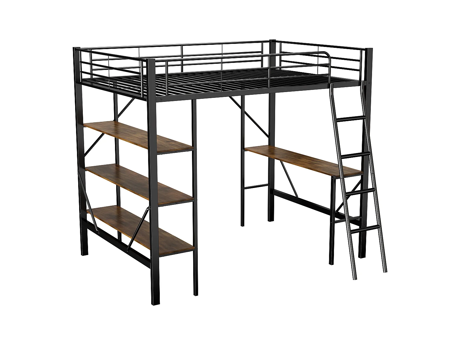 Kinderhoogslaper 90x200cm met lattenbodem - valbeveiliging bureau en 3 legplanken - metaal - zwart (zonder matras)