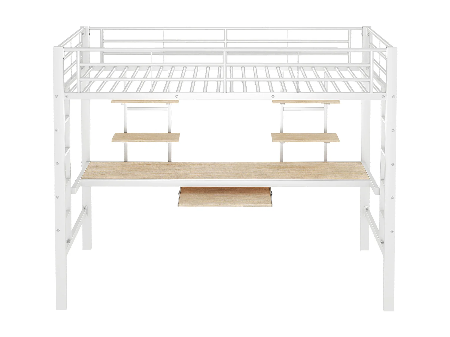 Kinderhoogslaper 90x200cm met lattenbodem - valbeveiliging - bureau en 2 legplanken - metaal - wit (zonder matras)