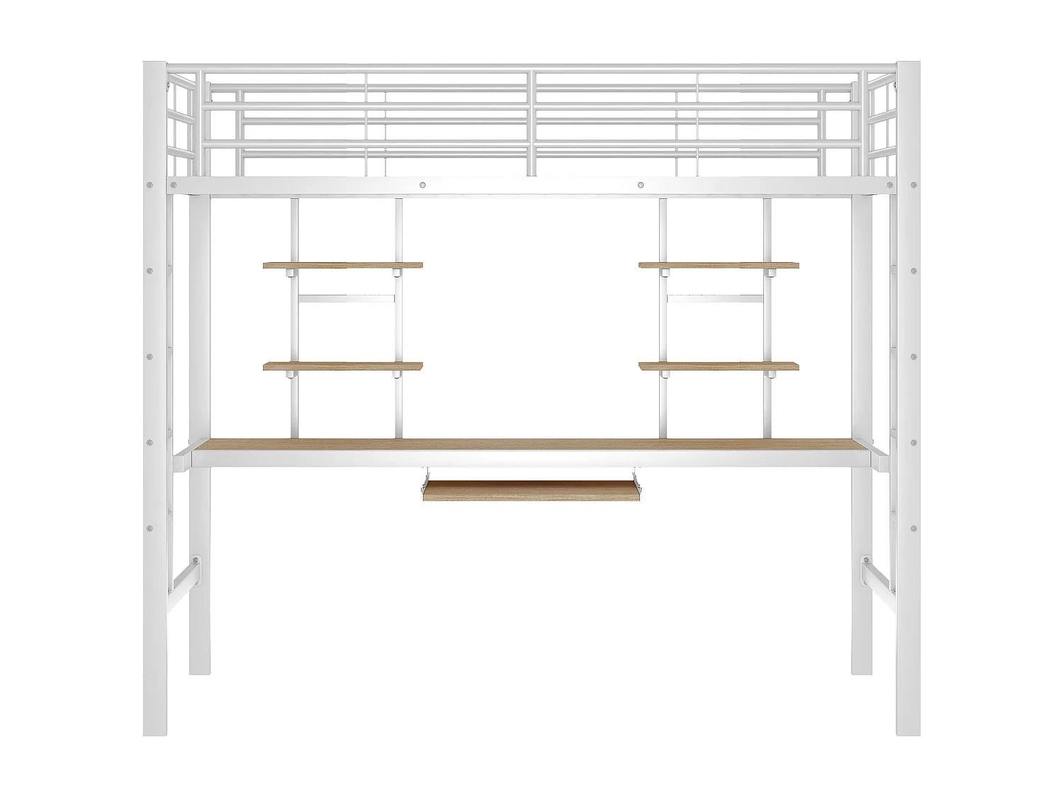 Lit mezzanine 90x200 cm avec sommier - protection anti-chute bureau et 2 étagères - métal - blanc (sans matelas)