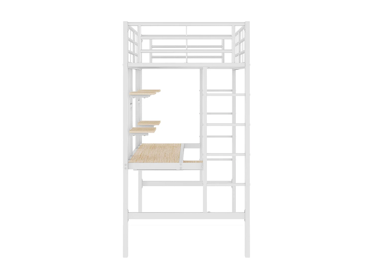 Lit mezzanine 90x200 cm avec sommier - protection anti-chute bureau et 2 étagères - métal - blanc (sans matelas)