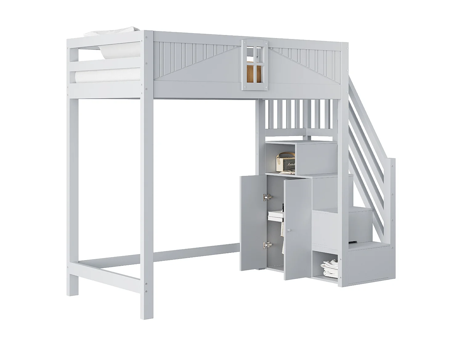 Lit mezzanine 90x200 cm avec porte de sécurité et fenêtre rangements latéraux et échelle réversible, bois, gris (Sans matelas)