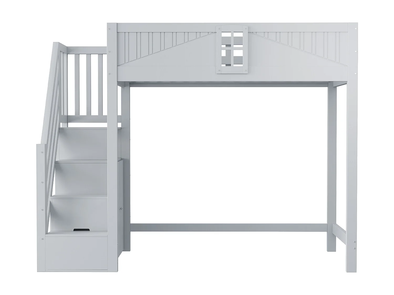 Lit mezzanine 90x200 cm avec porte de sécurité et fenêtre rangements latéraux et échelle réversible, bois, gris (Sans matelas)