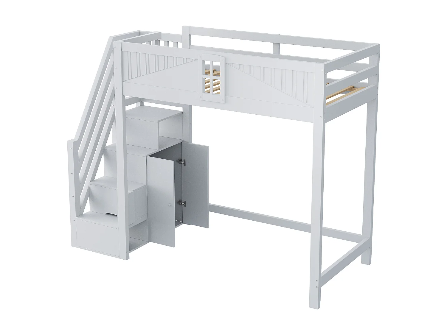 Lit mezzanine 90x200 cm avec porte de sécurité et fenêtre rangements latéraux et échelle réversible, bois, gris (Sans matelas)
