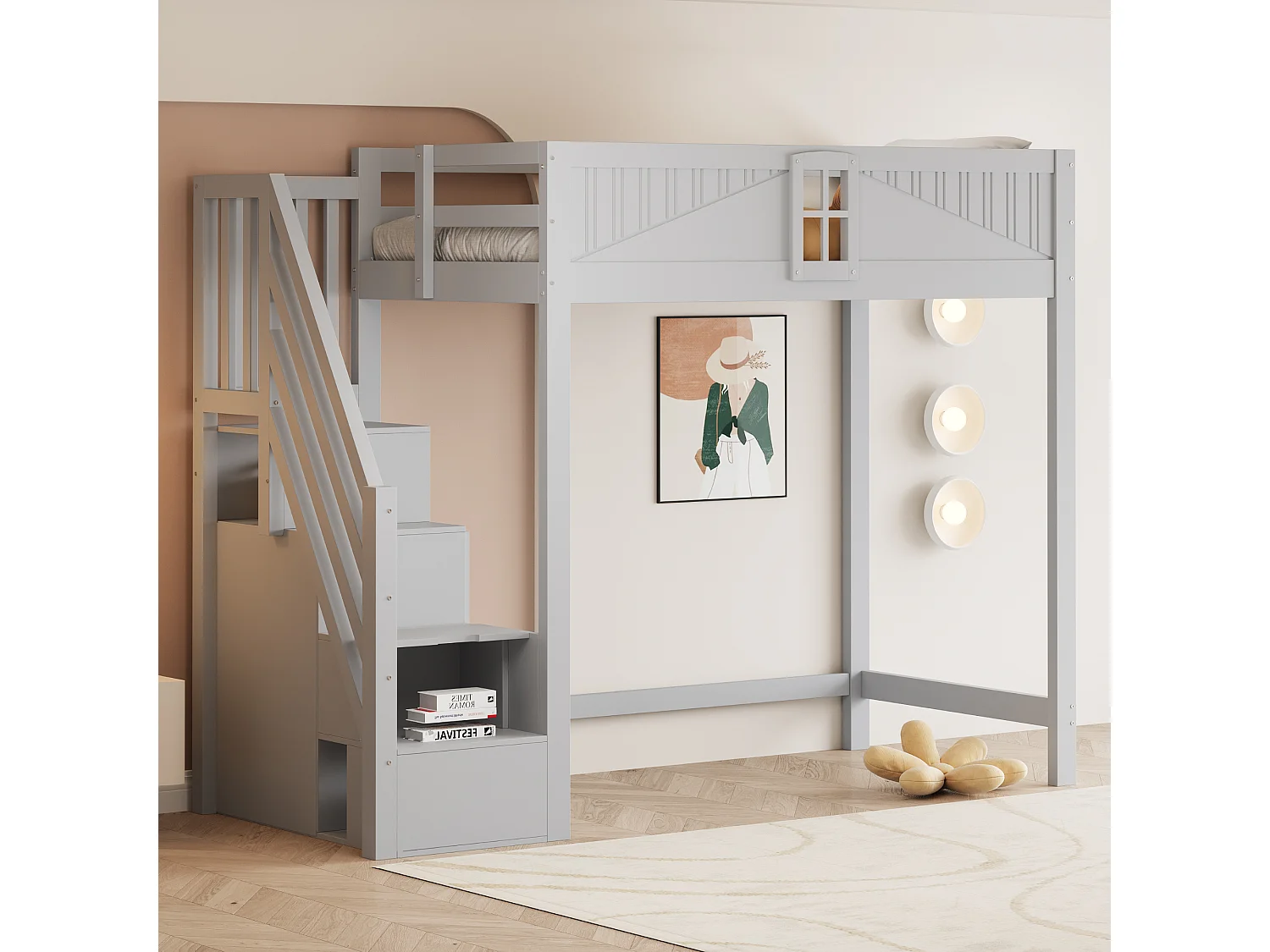 Lit mezzanine 90x200 cm avec porte de sécurité et fenêtre rangements latéraux et échelle réversible, bois, gris (Sans matelas)
