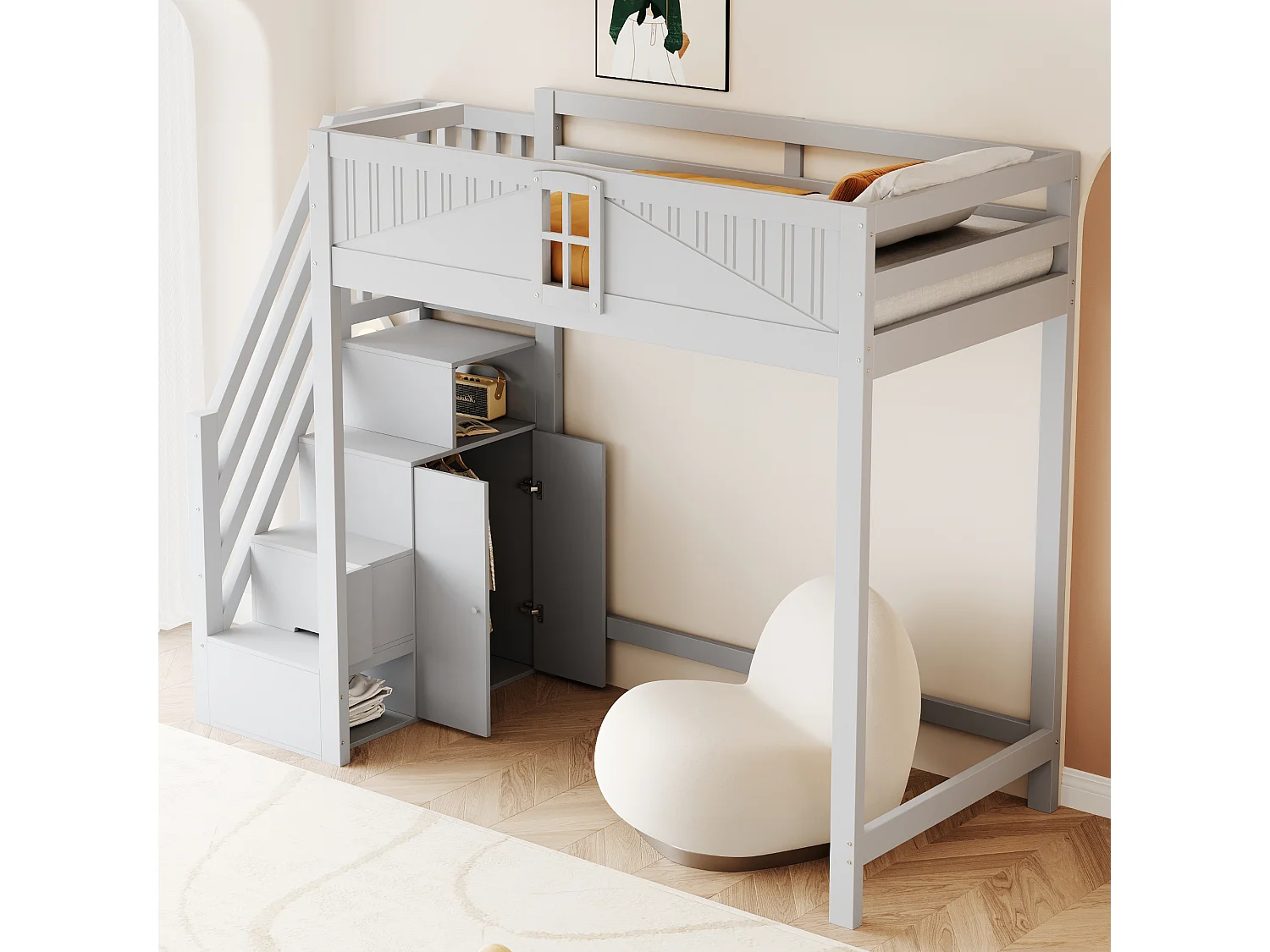 Lit mezzanine 90x200 cm avec porte de sécurité et fenêtre rangements latéraux et échelle réversible, bois, gris (Sans matelas)