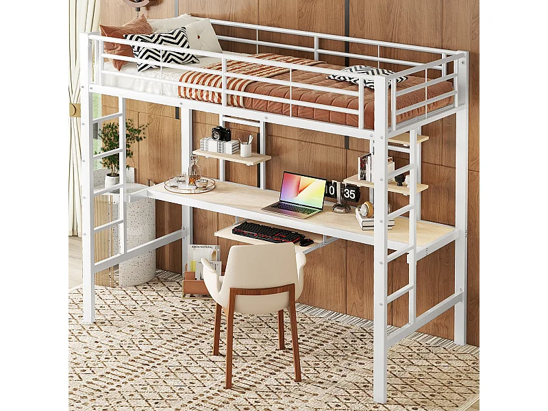Lit mezzanine 90x200 cm avec sommier - protection anti-chute bureau et 2 étagères - métal - blanc (sans matelas)
