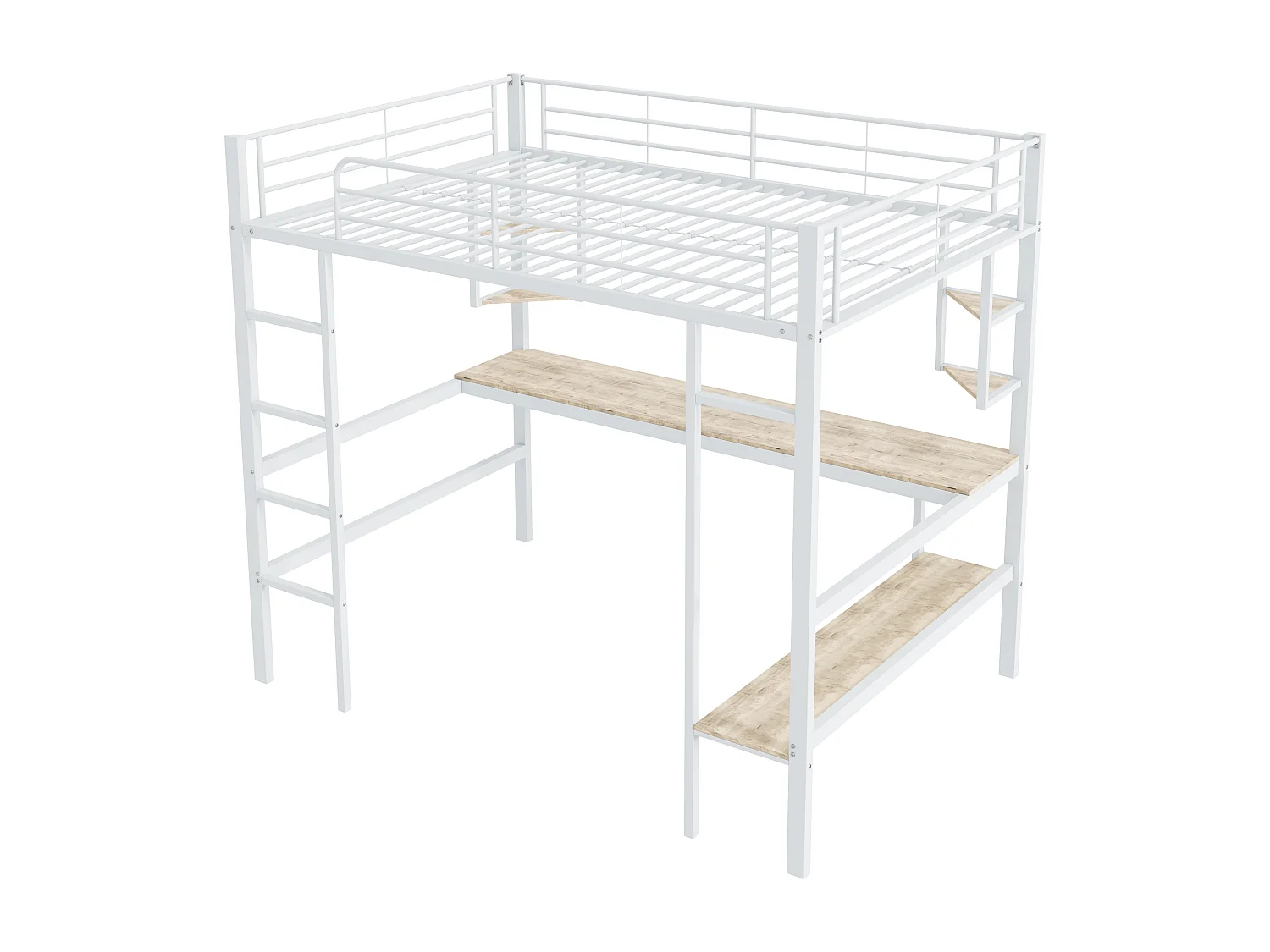 Lit mezzanine 90x200 cm avec sommier - protection anti-chute bureau et rangements - métal - blanc (sans matelas)