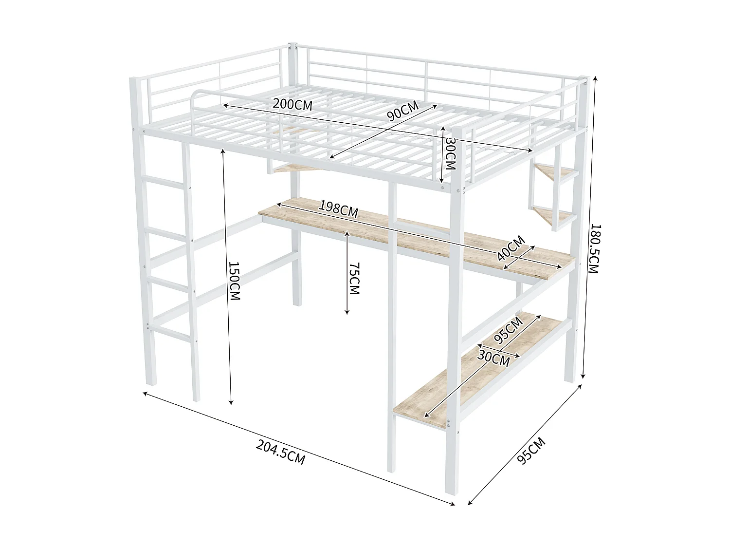 Lit mezzanine 90x200 cm avec sommier - protection anti-chute bureau et rangements - métal - blanc (sans matelas)