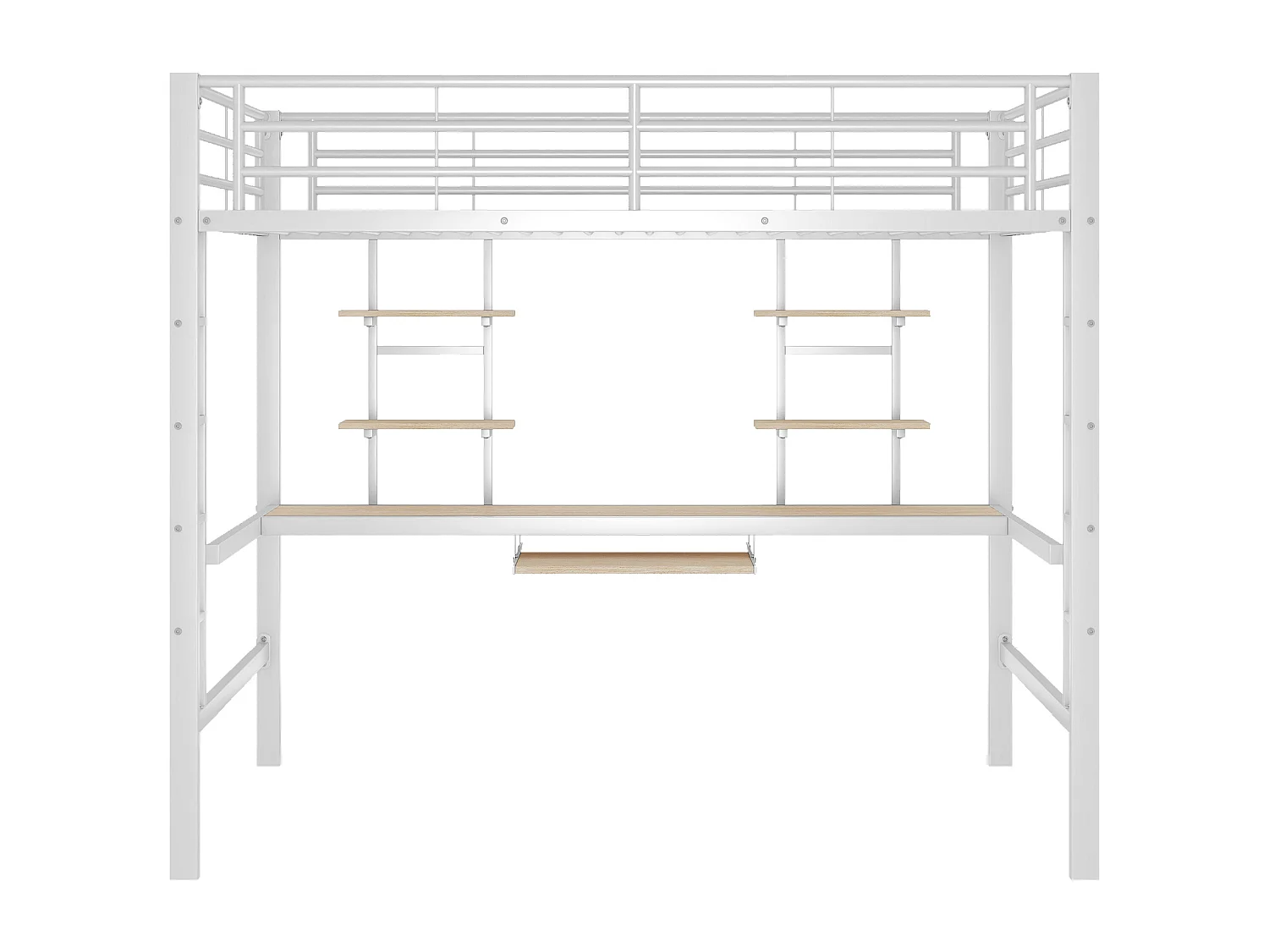 Lit mezzanine 140x200 cm avec sommier - protection anti-chute bureau et 2 étagères - métal - blanc (sans matelas)