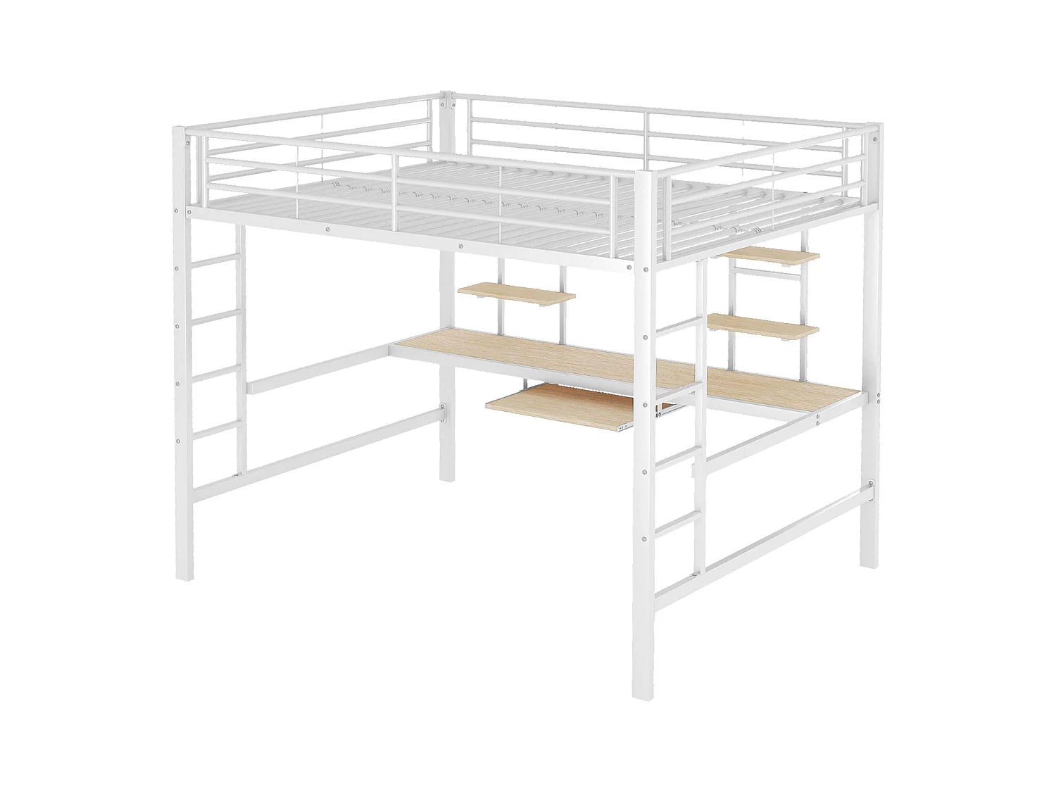 Lit mezzanine adulte 140x200cm avec sommier - protection anti-chute bureau et 2 étagères - métal - blanc (sans matelas)