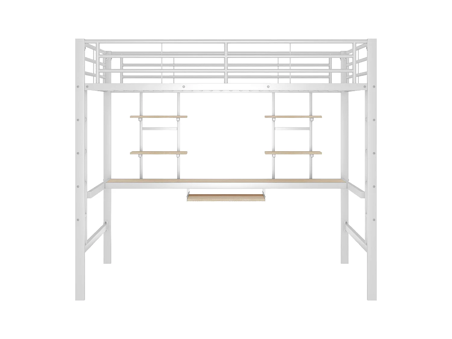 Lit mezzanine adulte 140x200cm avec sommier - protection anti-chute bureau et 2 étagères - métal - blanc (sans matelas)